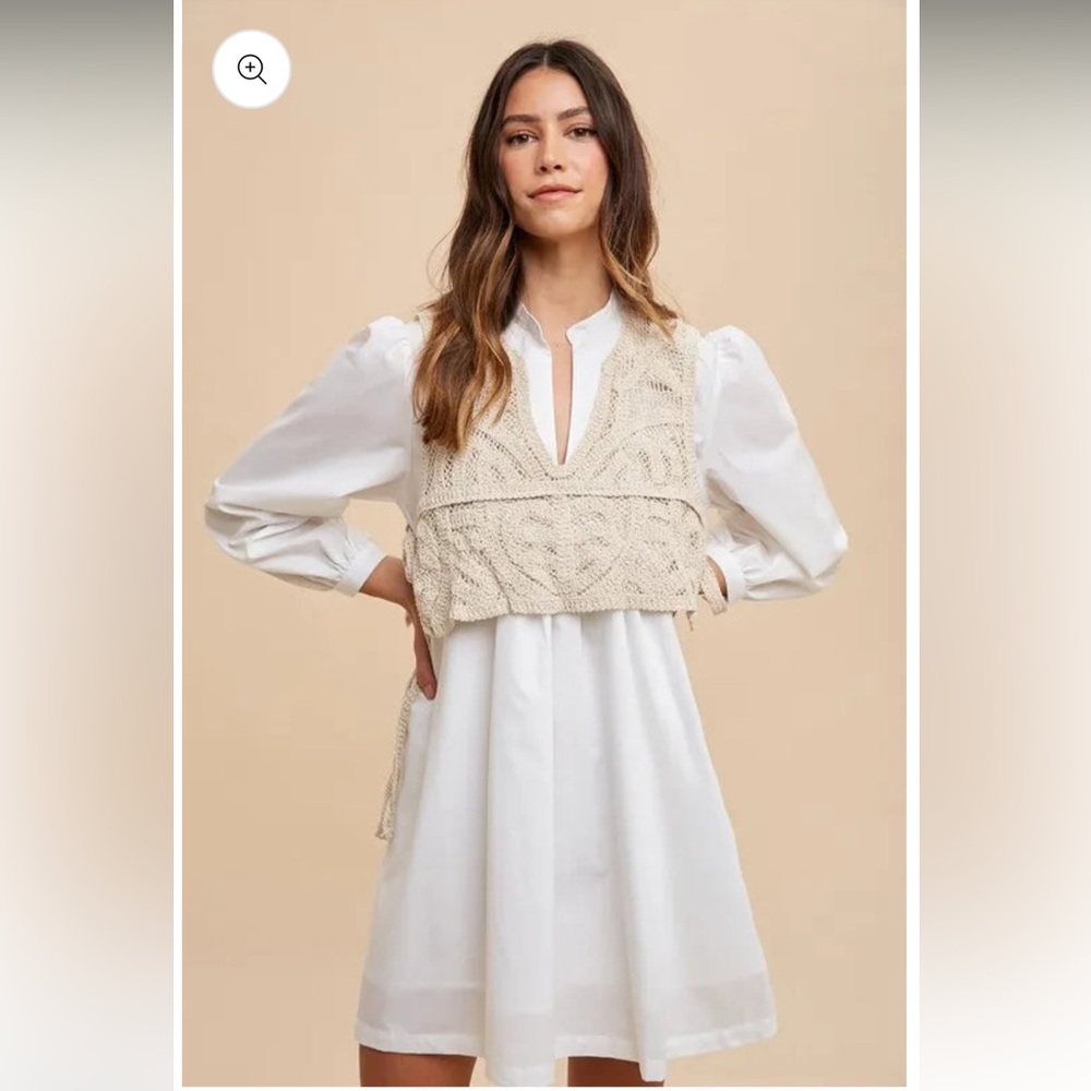 NWT- Marlow White Long Sleeve dress with removable Crochet Vest